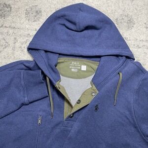 Polo Ralph Lauren Terry Hoodie Mens 2XB Blue Snap Sweatshirt Pony Logo READ